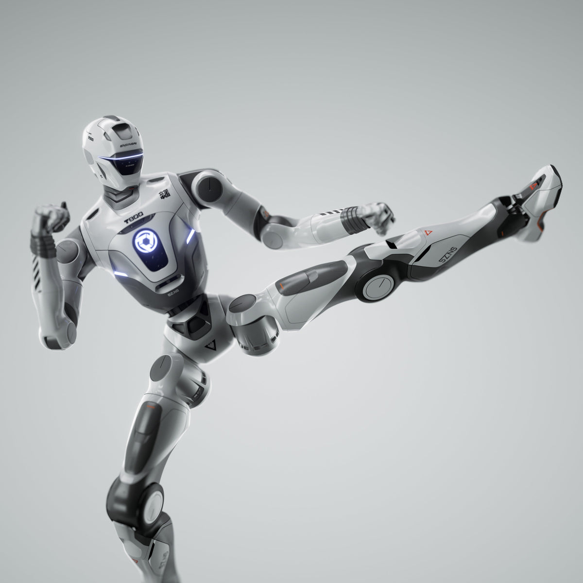 EngineAI T800 Max Edition humanoid robot performing a flying kick